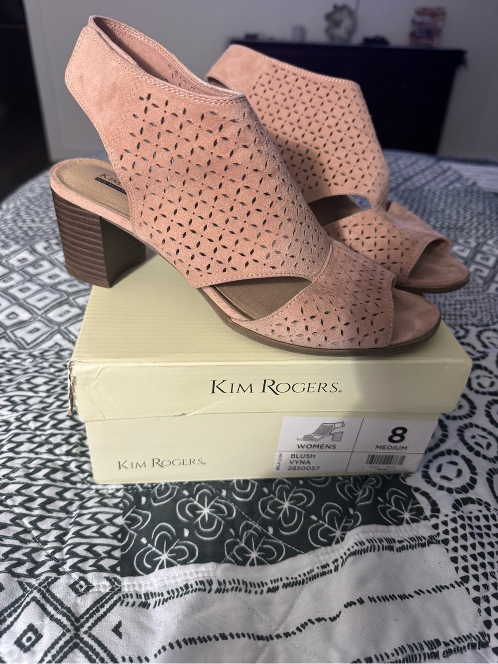Kim Rogers Pink Suede Laser-Cut Peep-Toe Block Heels
